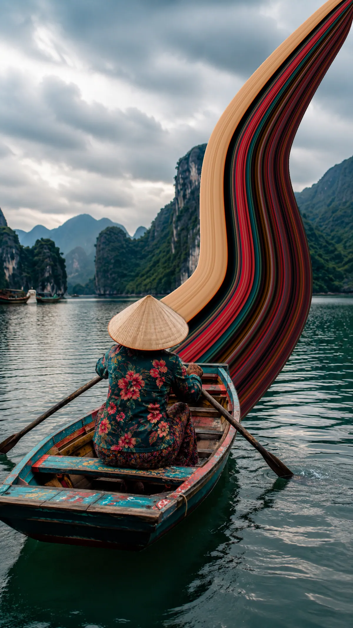 Pixel stretch effect on a travel photo: a boat in a bay with a colored ribbon trailing across the sky