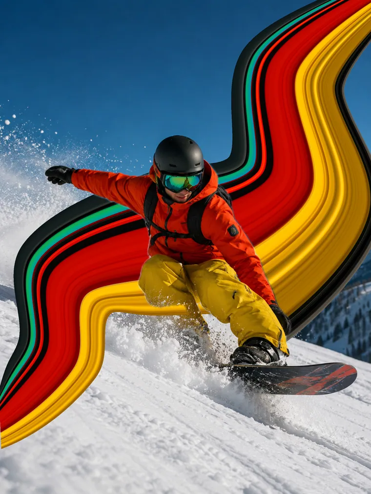 Portrait pixel stretch effect on a snowboarder, color ribbon trailing behind